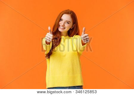 Good Luck. Optimistic, Confident Cute Redhead Girlfriend Encourage You, Giving Thumbs-up In Like Or 