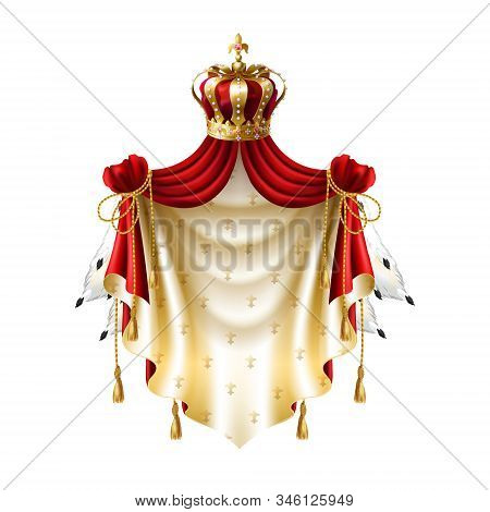 Royal Baldachin With Gold, Crown, Jewelry And Fringe Fur Isolated On White Background. Template Of L