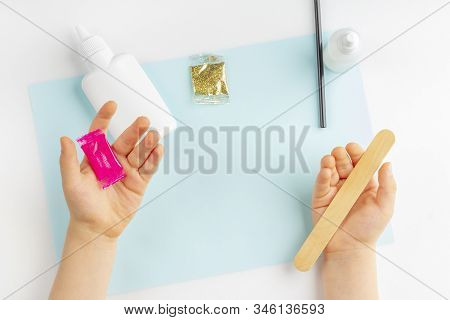 Step By Step Photo Instruction: How To Make Slime At Home. The Concept Of Diy.  Ingridients For Maki