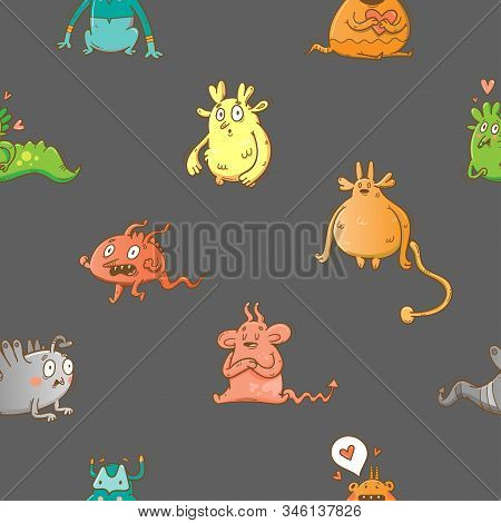 Vector Seamless Pattern With Monsters On Dark Background. Cute Cartoon Fantastic Animals. Doodle Sty
