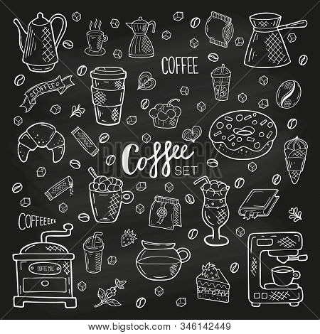 Big Hand Drawn Coffee Set. Lettering And Objects In Doodle Style. White Outline Isolated On A Black 