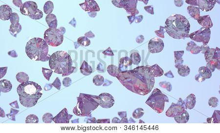 Diamond Rain, Falling Diamonds With Ideal Cut On Blue Background, 3d Rendering