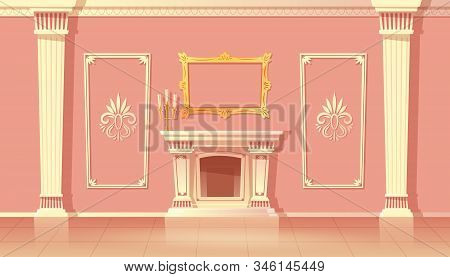 Cartoon Interior Of Luxury Living Room, Ballroom With Fireplace. Traditional Furnace In Sumptuous Ha