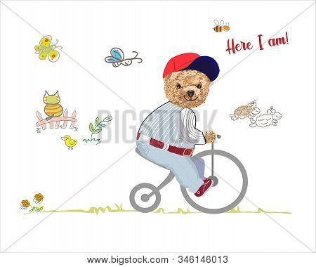 Bear Toy Riding Bicycle Illustration. Around The Teddy Bear Butterflies Fly, Bees And Lambs Run