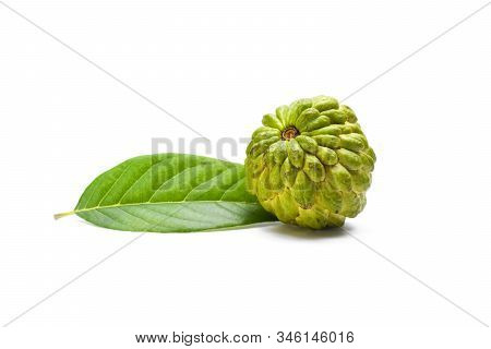 Sugar Apple Or Custard Apple With Green Leaf Isolated On White Background