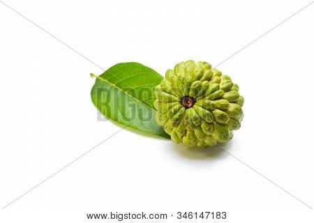 Sugar Apple Or Custard Apple With Green Leaf Isolated On White Background