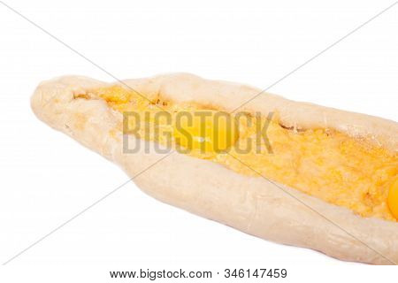 Khachapuri Boat With Egg And Cheese On White Background. National Georgian Pie Khachapuri Isolated .