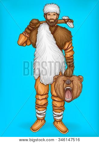 Pop Art Caveman In Fur Pants, White Hat And Footwear. Hunter Holds Wild Bear Head, Prey. Neanderthal