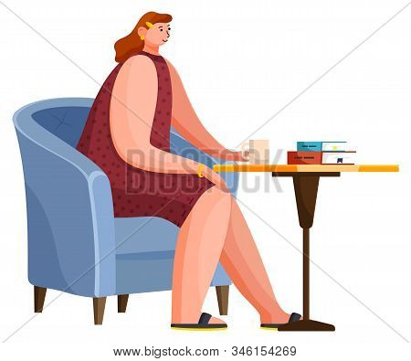 Breaktime Of Worker Character Sitting At Table With Cup And Documents In Coffeehouse. Female Drinkin
