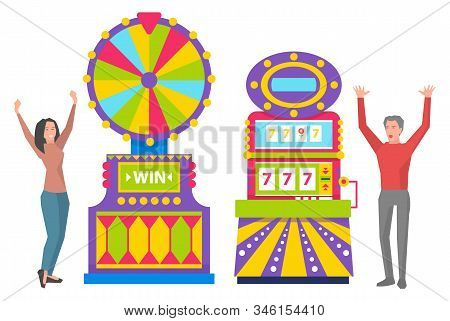 Young Girl Spinning Colorful Roulette Wheel. Man Playing Slot Machines. Excited People Winning Money