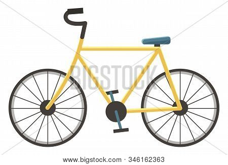 Bicycle Consist Of Pedal And Saddle, Two Wheels Attached To Frame, One Behind The Other. Isolated Sp