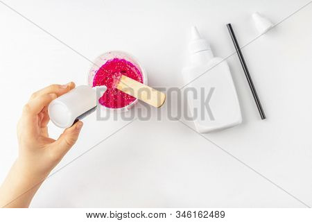 Step By Step Photo Instruction: How To Make Slime At Home. The Concept Of Diy.  Ingridients For Maki
