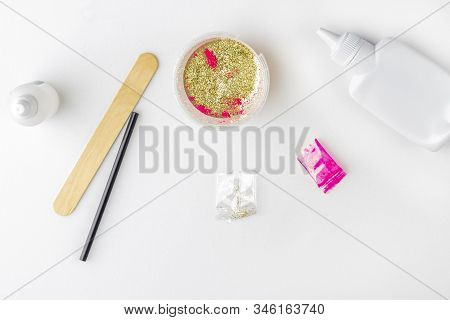 Step By Step Photo Instruction: How To Make Slime At Home. The Concept Of Diy.  Ingridients For Maki