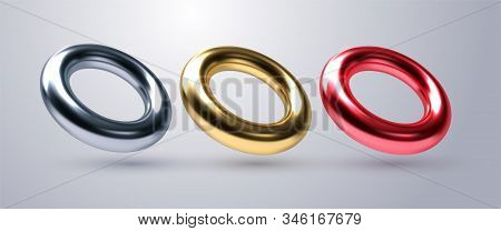 Realistic Torus Shapes. Vector Geometric Illustration. 3d Multicolored Metallic Rings Collection. Ge
