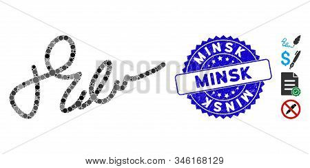 Mosaic Signature Icon And Grunge Stamp Watermark With Minsk Caption. Mosaic Vector Is Formed With Si