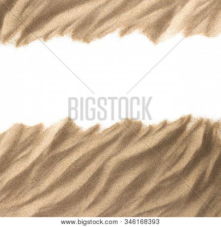 The Sand Isolated On White Background. Flat Lay Top View. Copy Space.