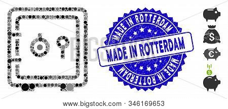 Collage Safe Icon And Corroded Stamp Seal With Made In Rotterdam Text. Mosaic Vector Is Designed Wit