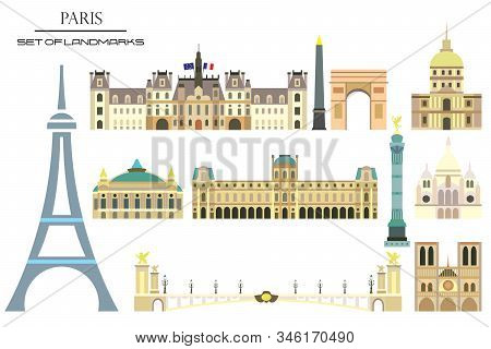 Vector Set Of Main Landmarks Of Paris, France. Vector Colorful Illustration Isolated On White Backgr