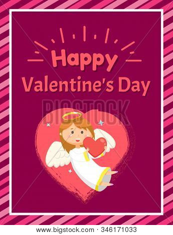 Happy Valentine Day Greeting Papercard Decorated By Flying Angel With Wings And Nimbus On Purple, Po