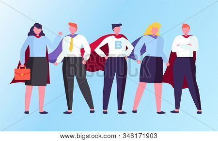 Man And Woman Characters Standing In Superhero Coats. Businessman And Businesswoman Comic People In 