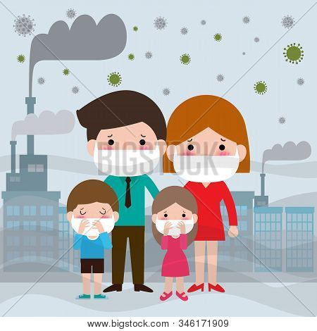 Family In Masks Because Of Fine Dust Pm 2.5, Man And Woman And Child,wearing Mask Against Smog. Fine