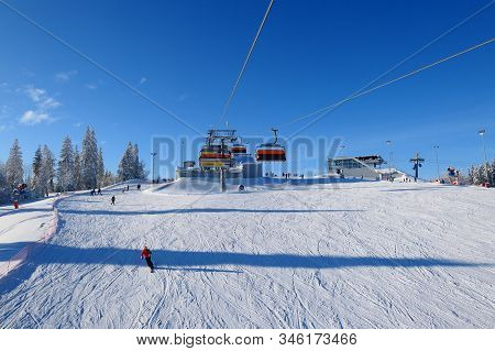 Bialka Tatrzanska, Poland - January 11, 2019: View From The Ski Lift On The Ski Slope In Popular Win
