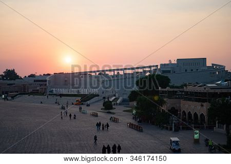 Katara Cultural Village At Sunset With Multi Purpose Hall Amphitheater. Katara Multi-purpose Hall, J