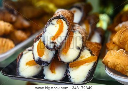Sweet Italian Desssert, Pile Of Cannoli Pastry Filled With Ricotta Cream Cheese Close Up