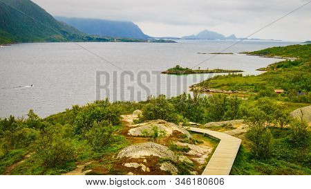 Fjord Landscape From Austnesfjorden Rest Area On Sildpollen Bay. Lofoten Islands Austvagoya, Norway.