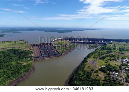Aerial View Of Itaipu Dam, Foz Do Iguaçu, Paraná, Brazil. Great Landscape.