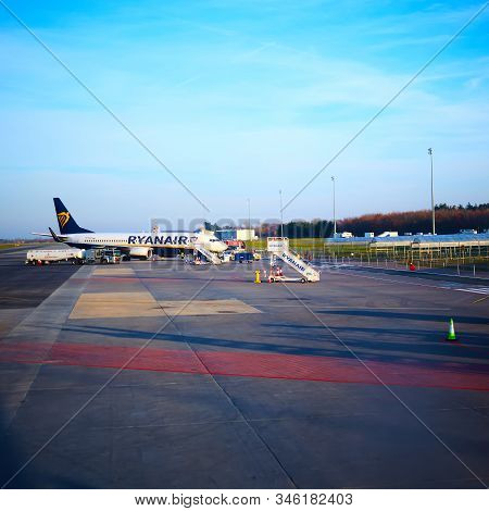 Modlin, Poland - November 17, 2019: Preparing For Boarding To Ryanair Plane In Warsaw Modlin Airport