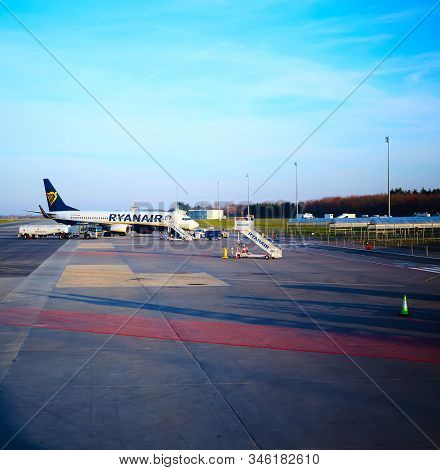 Modlin, Poland - November 17, 2019: Preparing For Boarding To Ryanair Plane In Warsaw Modlin Airport