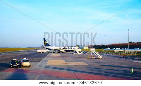 Modlin, Poland - November 17, 2019: Preparing For Boarding To Ryanair Plane In Warsaw Modlin Airport
