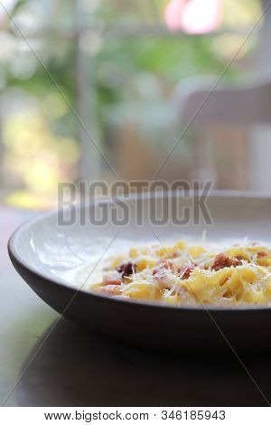 Fettuccine Carbonara , Fettuccine Pasta Spaghetti With Bacon Ham And Mushroon In White Sauce Italian