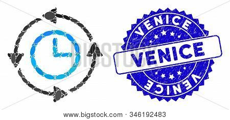 Mosaic Wayback Clock Icon And Rubber Stamp Watermark With Venice Text. Mosaic Vector Is Created From