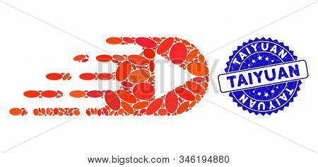Mosaic Express Right Direction Icon And Distressed Stamp Seal With Taiyuan Phrase. Mosaic Vector Is 