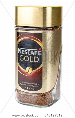 Moscow, Russia - January 20, 2020: Glass Jar Of Granulated Instant Nescafe Gold Coffee With Arabica 