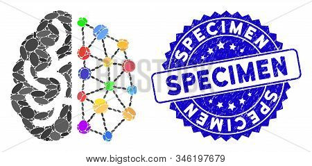 Mosaic Creative Brain Icon And Distressed Stamp Watermark With Specimen Caption. Mosaic Vector Is Fo