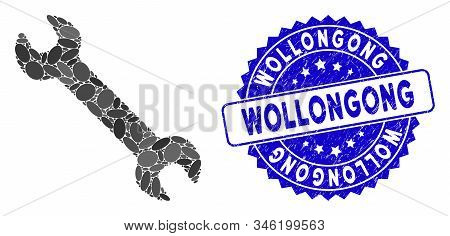 Mosaic Wrench Icon And Rubber Stamp Watermark With Wollongong Phrase. Mosaic Vector Is Created With 