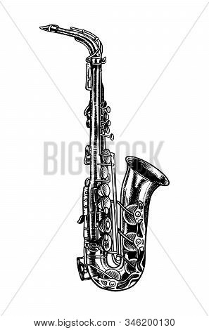 Jazz Saxophone In Monochrome Engraved Vintage Style. Hand Drawn Trumpet Sketch For Blues And Ragtime