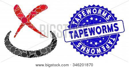 Mosaic False Icon And Distressed Stamp Seal With Tapeworms Text. Mosaic Vector Is Designed With Fals