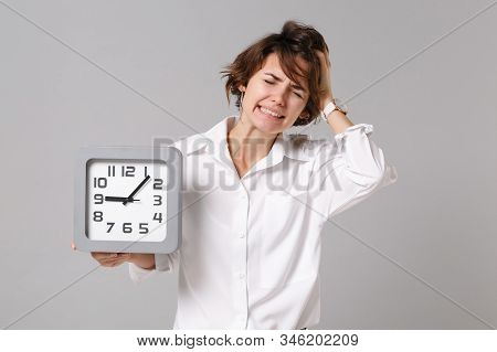 Exhausted Young Business Woman In White Shirt Posing Isolated On Grey Wall Background Studio Portrai