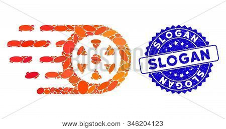 Collage Bolide Car Wheel Icon And Corroded Stamp Seal With Slogan Caption. Mosaic Vector Is Created 