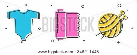 Set Baby Clothes, Textile Fabric Roll And Yarn Ball With Knitting Needles Icon. Vector