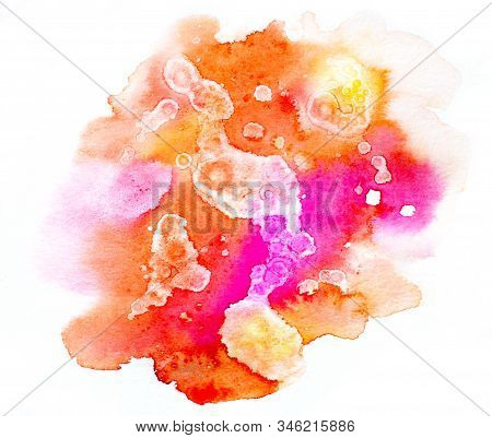 Bright Colorful Vibrant Hand Painted Isolated Watercolor Spot Splash On White Background In Red, Ora