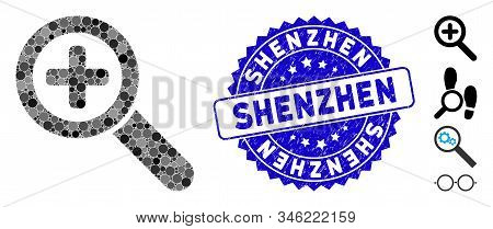 Mosaic Zoom In Icon And Grunge Stamp Watermark With Shenzhen Caption. Mosaic Vector Is Created With 