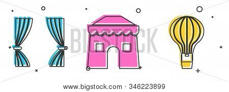 Set Curtain, Circus Tent And Hot Air Balloon Icon. Vector