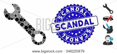 Collage Wrench Icon And Grunge Stamp Seal With Scandal Phrase. Mosaic Vector Is Designed From Wrench