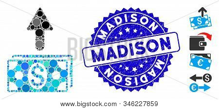 Mosaic Send Banknotes Icon And Rubber Stamp Seal With Madison Phrase. Mosaic Vector Is Created With 
