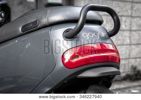 Taipei, Taiwan - January 13: Gogoro Fully Electric Motor Scooter Parks On The Street In Taipei On Ja
